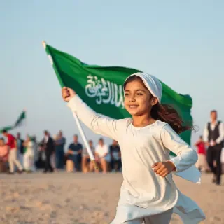 arabic girl carying saudi flag running